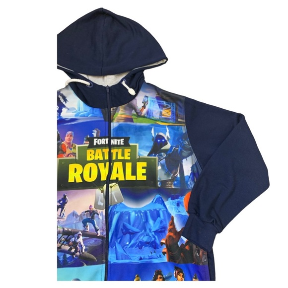 FORTNITE Battle Royale Graphic Print Zip Front Hooded Sweater Navy Blue Boys 12Y - Picture 4 of 8